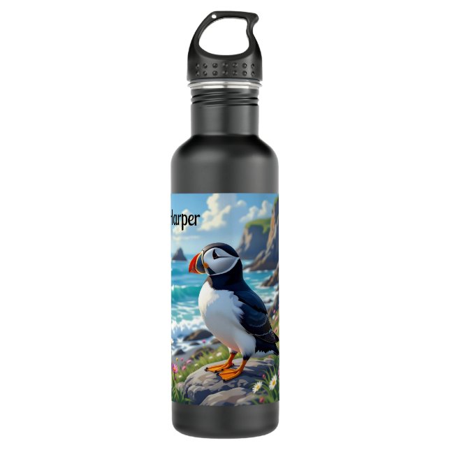 Garrafa Cute Puffin on the Seashore themed Personalized (Frente)