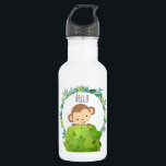 Garrafa Cute Safari Monkey Alô<br><div class="desc">Uma garrafa d'água com um desenho animado de um macaquinho espiando por trás de um arbusto verde dizendo olá. Cercada por uma coroa de folhas tropicais. O texto "Olá" também pode ser personalizado com um nome ou outro texto,  se quiser.</div>
