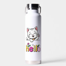 Garrafa de Água Colorida e Fofo Gato Acenando Olá 