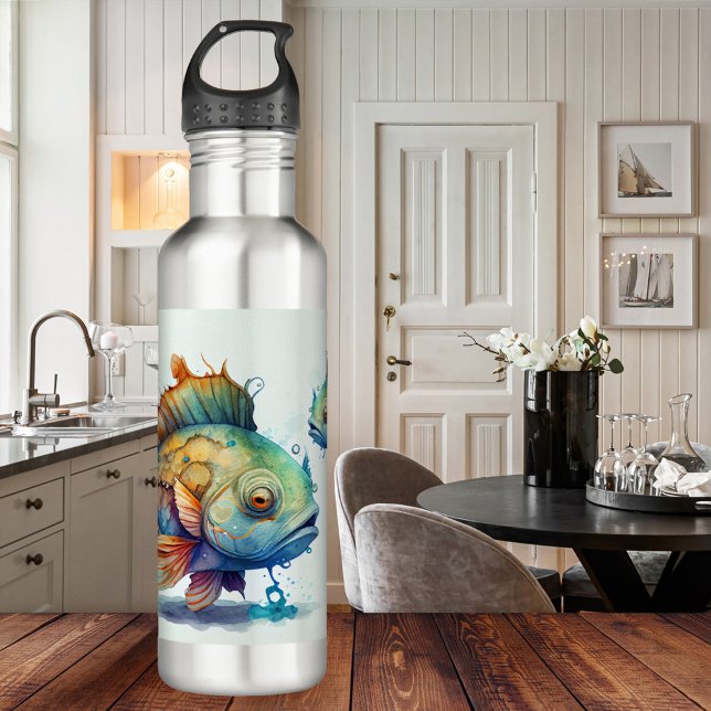 Garrafa de água com coloração aquosa Garrafas colo (Water bottle showing a watercolor painting of colorful fishes. For anyone who loves fish or a Pisces)