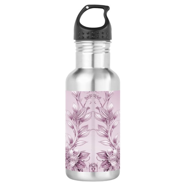 Garrafa de água com folhagem floral rosa (Frente)