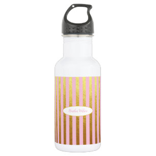 Garrafa de água com risca rosa e Dourada com nome