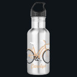 Garrafa de água da bicicleta da cesta para<br><div class="desc">Esta garrafa de água é fácil de personalizar com nome do seu cavaleiro favorito da bicicleta. Caracteriza uma ilustração de uma bicicleta retro da cesta do estilo no pêssego com texto no pêssego de harmonização. Esta garrafa faz um grande presente para as mulheres que amam montar sua bicicleta. Amará lanç...</div>