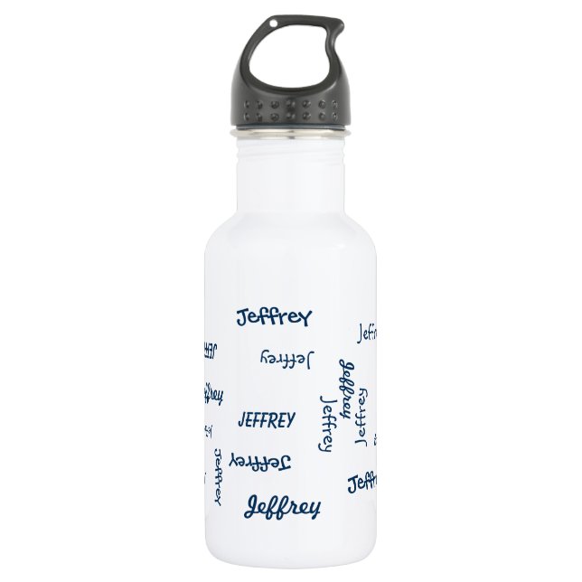 Garrafa de água, personalizada, nome azul em branc (Frente)