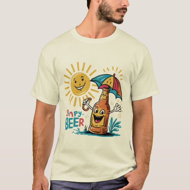 Garrafa de cerveja alegre e camiseta ensolarada (Frente)