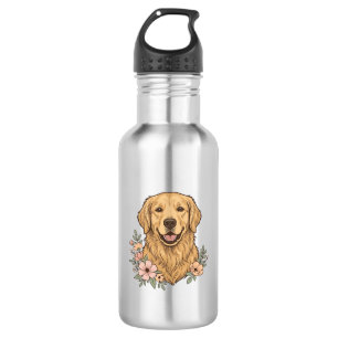 Garrafa Desenho de Gravura Vintage Floral Golden Retriever