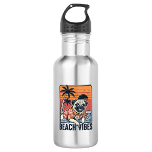 Garrafa Design de Gravura Vintage Pug Vibrações de Praia_1