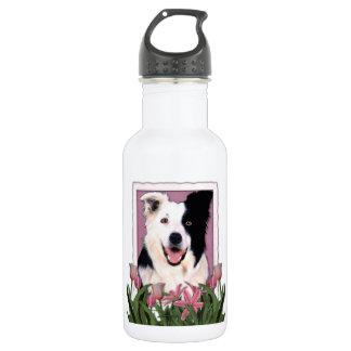 Garrafa Dia das mães - tulipas cor-de-rosa - border collie