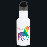 Garrafa Divertimento legal personalizado da aguarela do<br><div class="desc">Garrafa de água legal personalizada do divertimento da aguarela do unicórnio do arco-íris. Personalize estes divertimento e presente colorido do unicórnio na pia batismal cor-de-rosa brilhante. Silhueta do unicórnio em um arco-íris de brushstrokes da aguarela de vermelho, de alaranjado, de amarelo, de verde, o azul e o roxo. O fundo...</div>