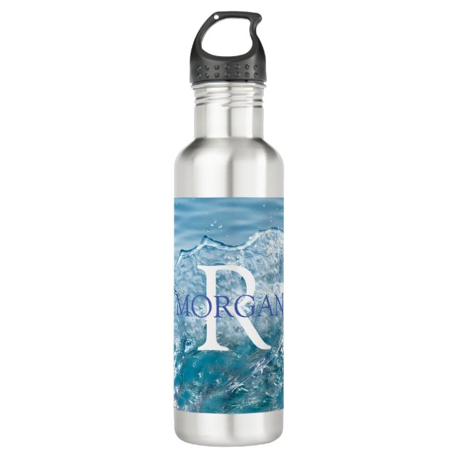 Garrafa DIY Monograma & Nome Azul & Branco, Lixeira Vs2 (Frente)