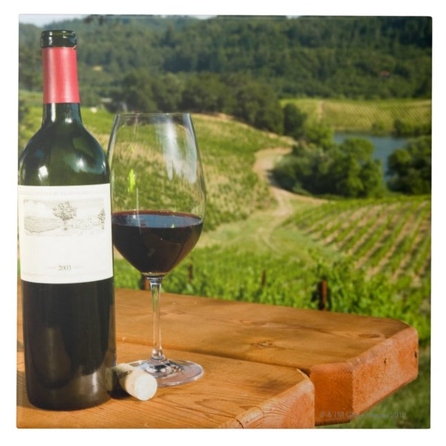 Garrafa do vinho tinto e do vidro na mesa (Frente)