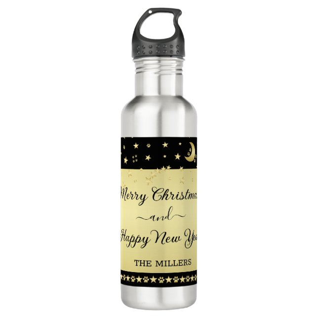 Garrafa Douradas estrelas brilhantes de Natal, patas em ou (Frente)