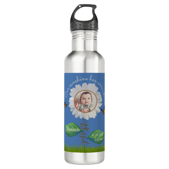 Garrafa Elegante Daisy Blue Floral Cute Baby Photo e Name (Frente)