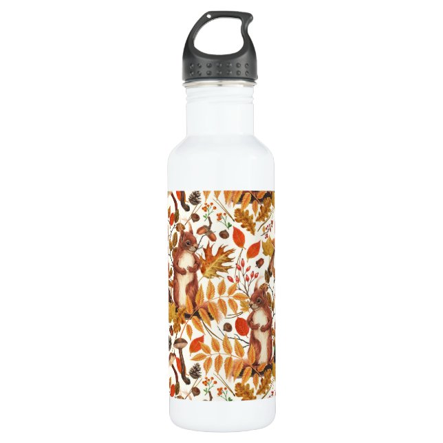 Garrafa Esquilos de outono e flora autóctone em branco (Frente)