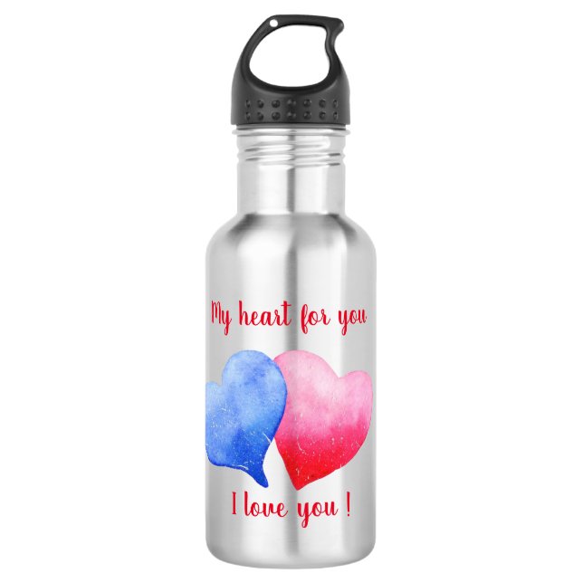 Garrafa Eu te amo vermelho-d-água e coração azul (Frente)