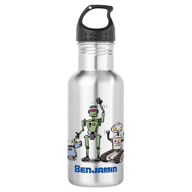 Garrafa Feliz desenho animado de robôs fofos (Frente)