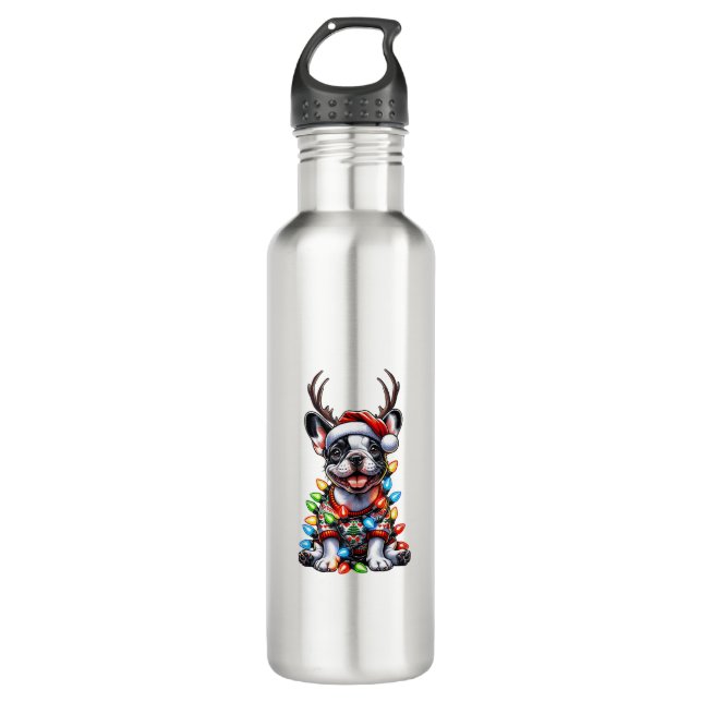 Garrafa Feliz Natal de Buldogue Francês Luz Santa Hat Rei (Frente)