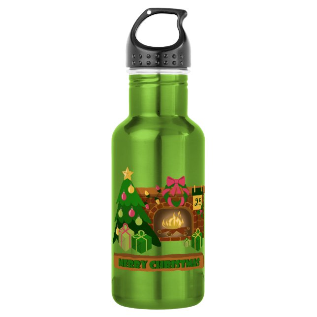 Garrafa Feliz Natal perto da árvore de Natal de lareira bo (Frente)