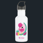 Garrafa Flamingo rosa com melancia e abacaxi<br><div class="desc">Garrafa de água personalizada com uma ilustração fofinha de um flamingo rosa com algumas melancias e abacaxi. Esquema de cor rosa e verde. Sumério e tropical.</div>