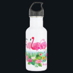 Garrafa Flamingos Rosa Tropical Personalizados<br><div class="desc">flamingos cor-de-água rosa e flores tropicais brilhantes personalizados com nome e título de festa noiva, garrafa d'água. Personalizar estilo, cor e tamanho da fonte de texto.</div>