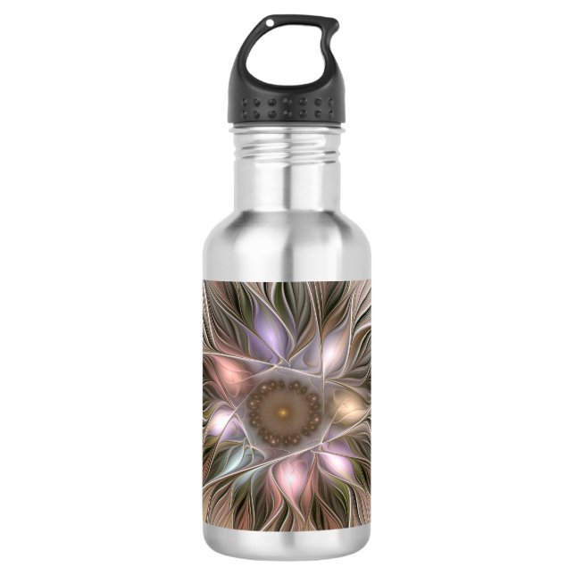 Garrafa Flor Abstrata Alegre Bege Marrom Fractal Floral (Frente)