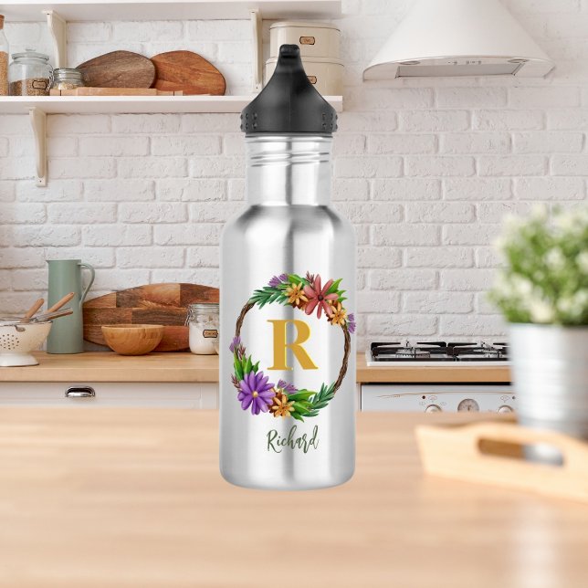 Garrafa Floral Wreath Inicial Letra Monograma Nome Marble (Criador carregado)