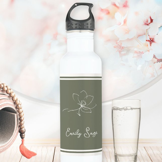 Garrafa Floral Zen Athletic Stripes Ivory Sage Green (Minimalist Floral Line Art Zen Sage Green Ivory Stainless Steel Water Bottle ©Sunny Wanderlust 🌞✈️)