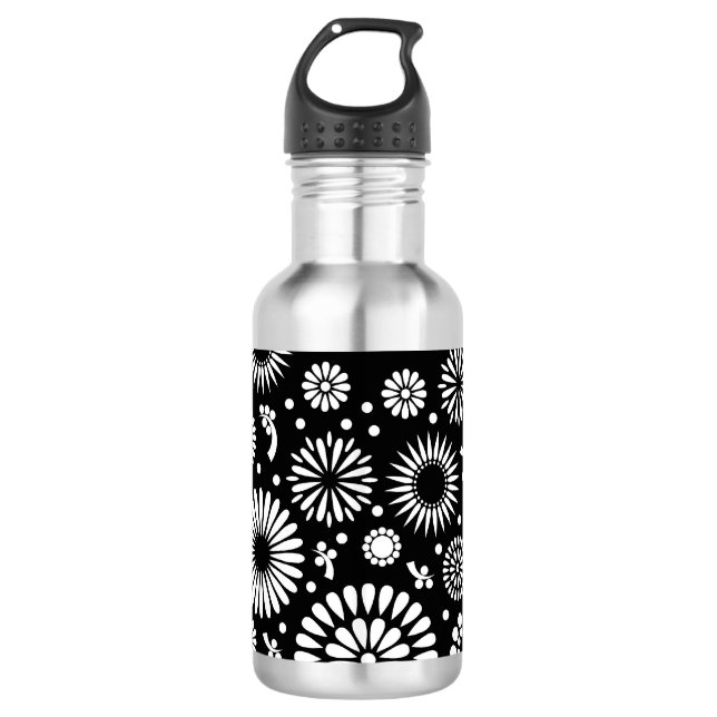 Garrafa Flores boho Padrão floral vetorial preto e branco (Frente)