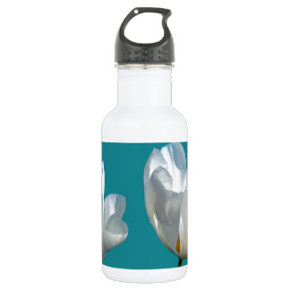 Garrafa flores brancas de tulipa em fundo azul-aqua