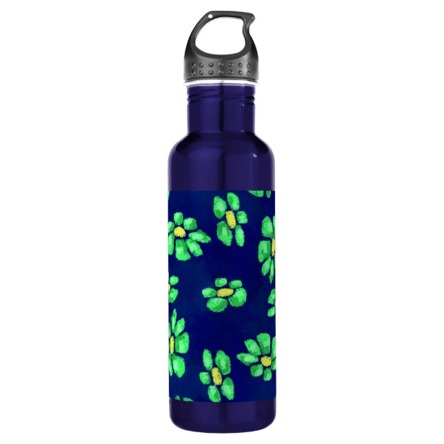 Garrafa Flores Brancas Verdes Aspiram em Fundo Azul (Frente)