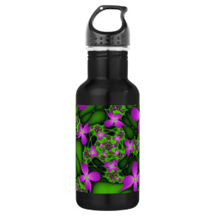Garrafa Flores Fractais Abstratas Modernas Rosa Verde Neon