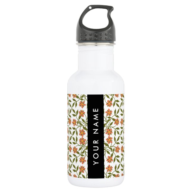 Garrafa Flores Laranja, Padrão Floral, Boho, Seu Nome (Frente)