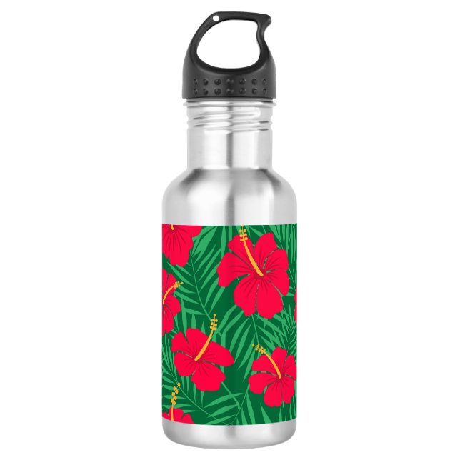Garrafa Flores Red Hibiscus em Folhas Tropicais Verdes (Frente)