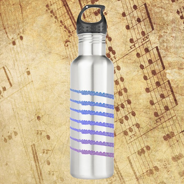 Garrafa Flute Music Blue Pink (A water bottle with pink, blue and purple flutes.)