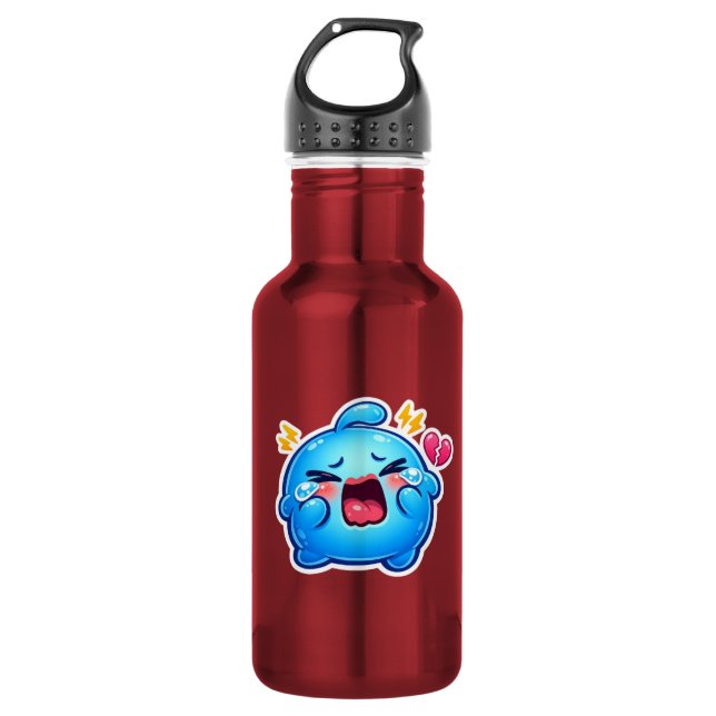 Garrafa Fofa Kawaii Triste Slime Azul Chorando com Coração (Frente)