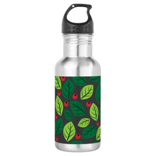 Garrafa Folhas Verdes, Frutas Vermelhas, Padrão De Folhas