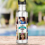 Garrafa Foto do Teal Banner DYI Collage Maior Pai do Mundo<br><div class="desc">"O maior Pai do mundo." Diga ao Pai o que realmente pensa dele. Hora de ele apagar a sede depois de um exercício com uma garrafa de água legal esportando uma colagem fotográfica personalizada e uma tipografia ousada e moderna com uma faixa gráfica azul-lacrimogênea sobre um fundo de aço inoxidável....</div>
