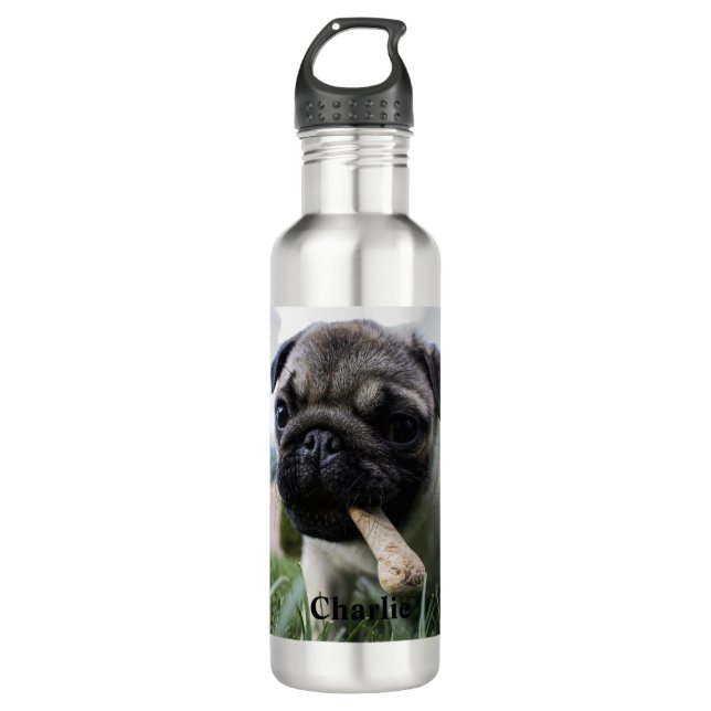 Garrafa Foto e nome personalizados do cão Pug (Frente)