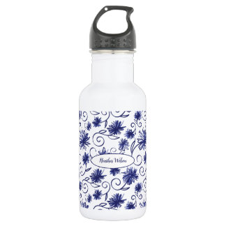 Garrafa Frasco de Água Floral Branco Azul com Nome