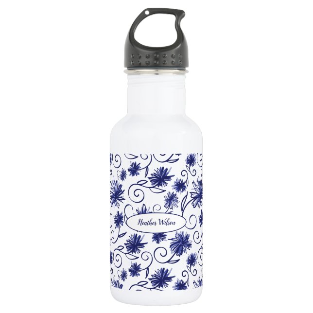 Garrafa Frasco de Água Floral Branco Azul com Nome (Frente)
