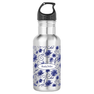 Garrafa Frasco de Água Floral Branco Azul com Nome