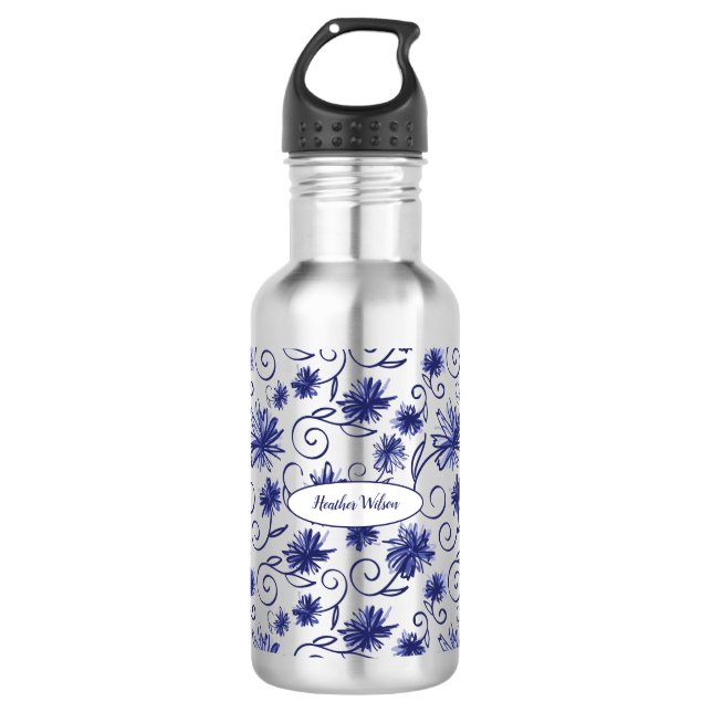 Garrafa Frasco de Água Floral Branco Azul com Nome (Frente)