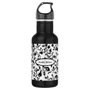 Garrafa Frasco de Água Floral Gótica Preta e Branca com No