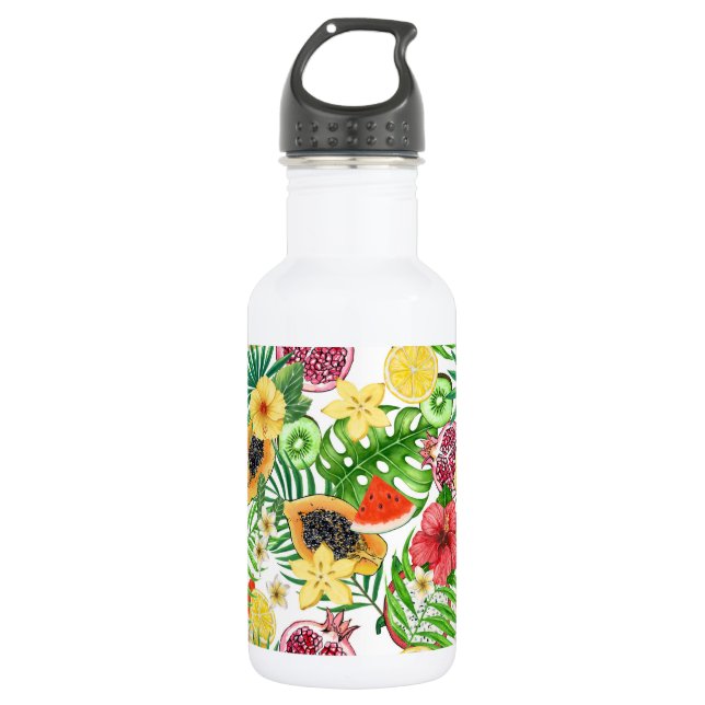 Garrafa Frutas tropicais, flores e folhas em branco (Frente)