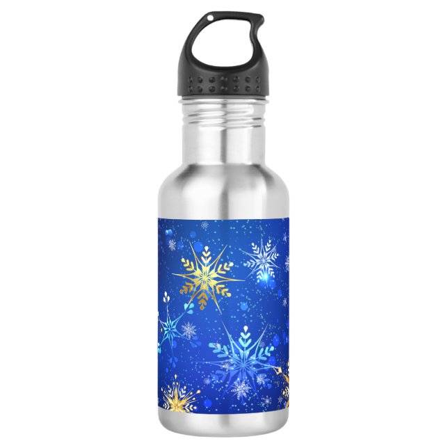 Garrafa Fundo Azul XMAS com Flocos de Neve Ouro (Frente)