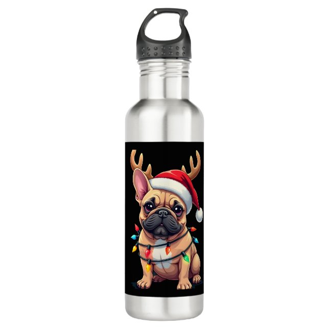 Garrafa Funny French Bulldog Christmas Light Santa Hat Rei (Frente)