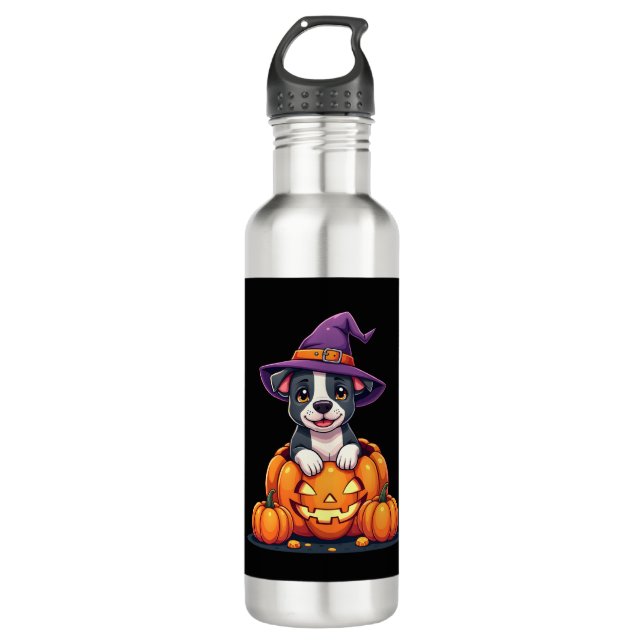 Garrafa Funny Pitbull Witch Pumpkin Dog Halloween Mens Wom (Frente)