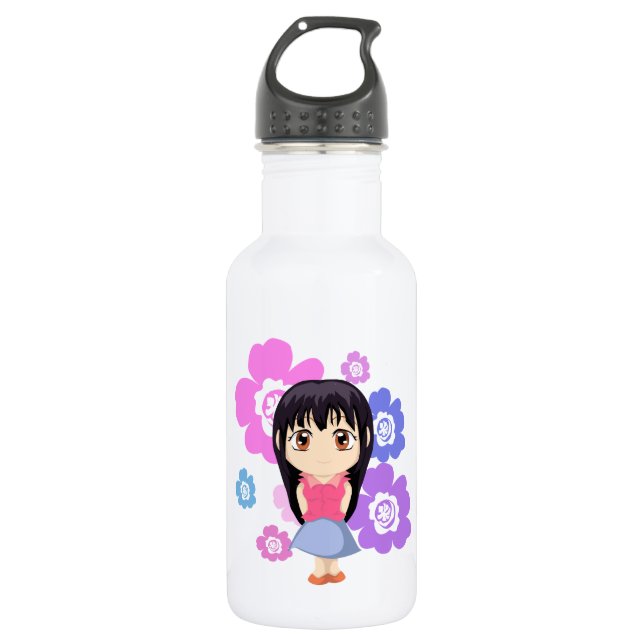 Garrafa Garota Chibi Bonita com Flores (Frente)