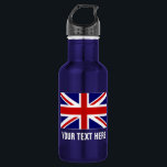 Garrafa Garrafas de água britânicas personalizadas da<br><div class="desc">Garrafas de água de aço inoxidável personalizadas da bandeira britânica de Union Jack. Garrafa de água brilhante feita sob encomenda do metal em muitas cores. Excelente para equipes de esportes e atividades exteriores. o basquetebol do IE, o basebol, o futebol, o tênis, o futebol, o voleibol, a caminhada, o passeio,...</div>