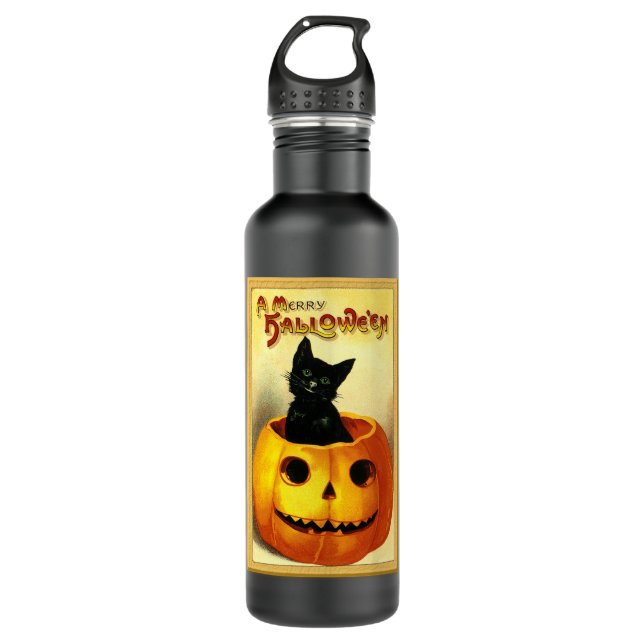 Garrafa Gatinho de Halloween sentado em Jack O Lanterna (Frente)